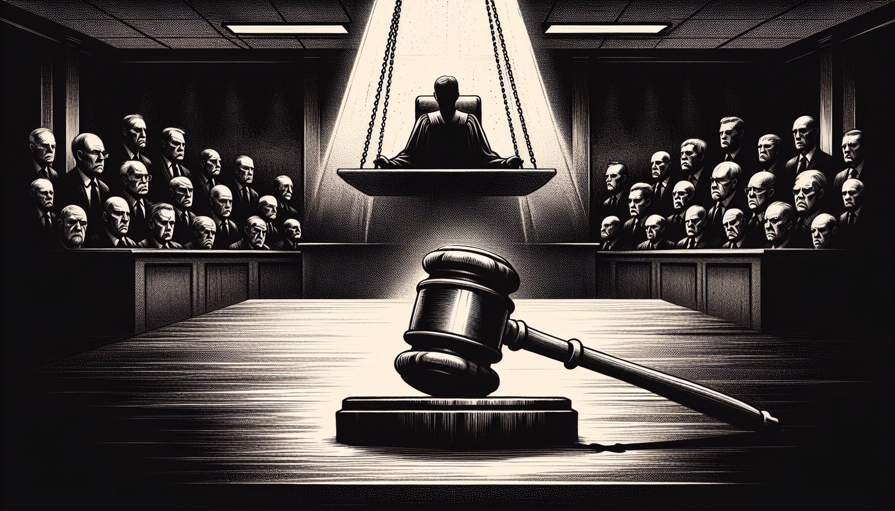 Illustration of a courtroom with judge's gavel and defendant's seat