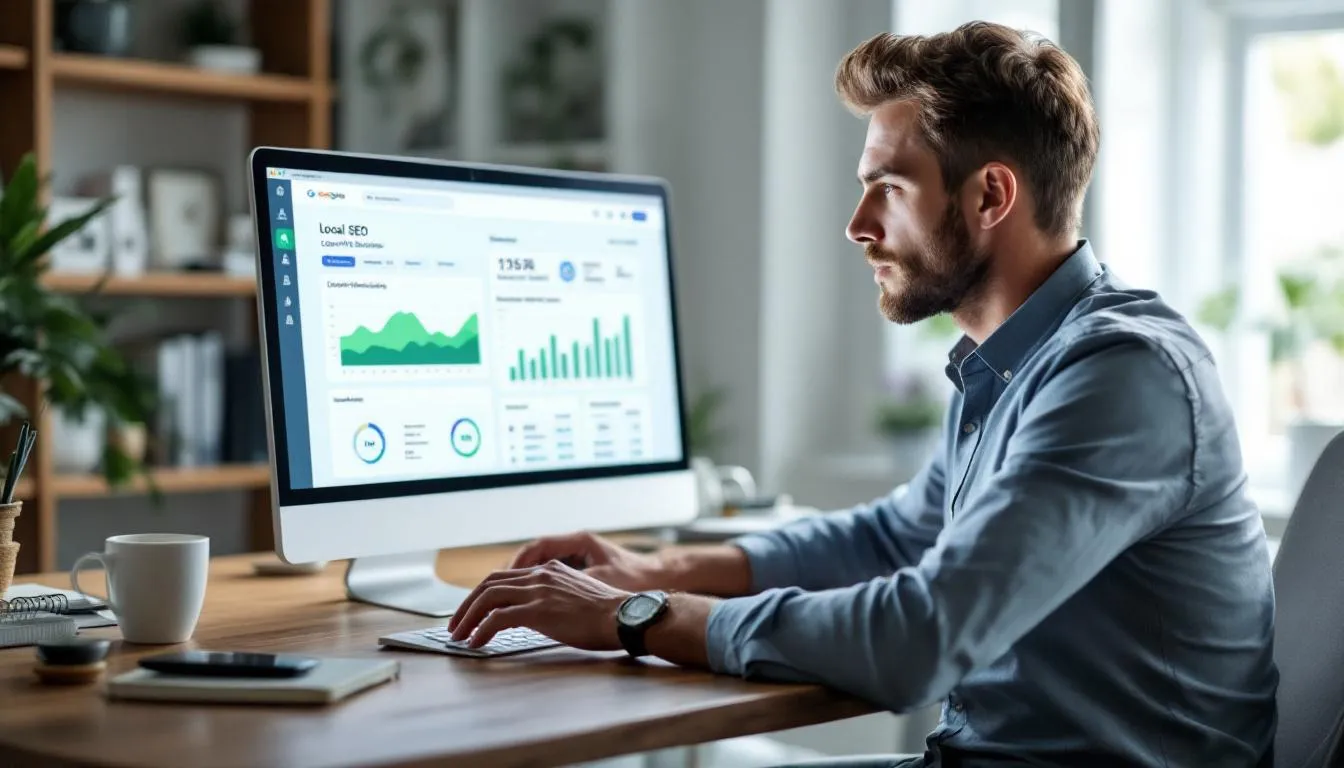 A business owner sits at a laptop, focused on optimizing their website with local SEO strategies to improve visibility in local search results. The screen displays elements related to local search rankings and Google Business Profile, emphasizing the importance of attracting more local customers and enhancing online presence. A business owner sits at a laptop, focused on optimizing their website with local SEO strategies to improve visibility in local search results. The screen displays elements related to local search rankings and Google Business Profile, emphasizing the importance of attracting more local customers and enhancing online presence.