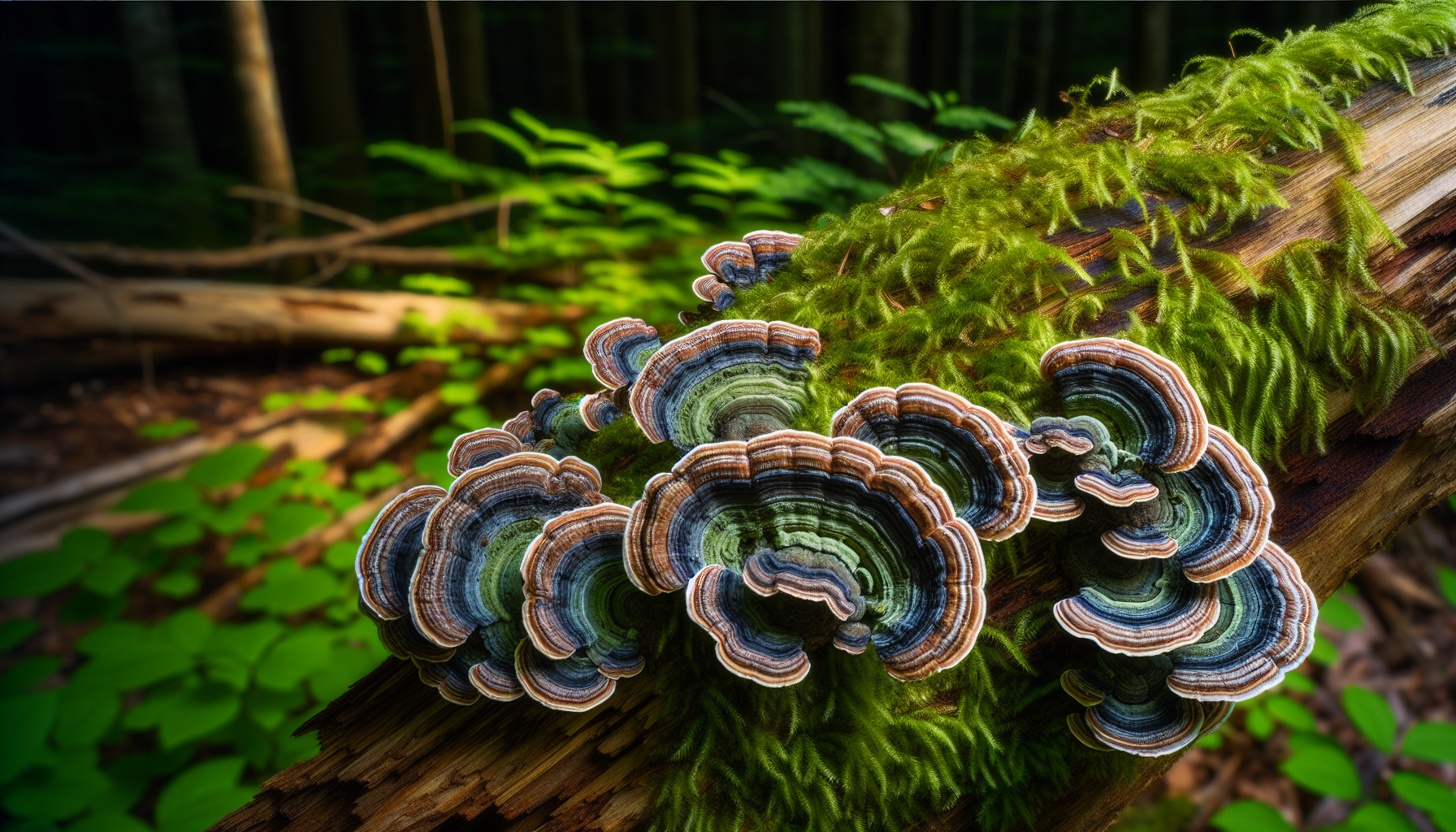 Turkey tail mushrooms growing in a forest
