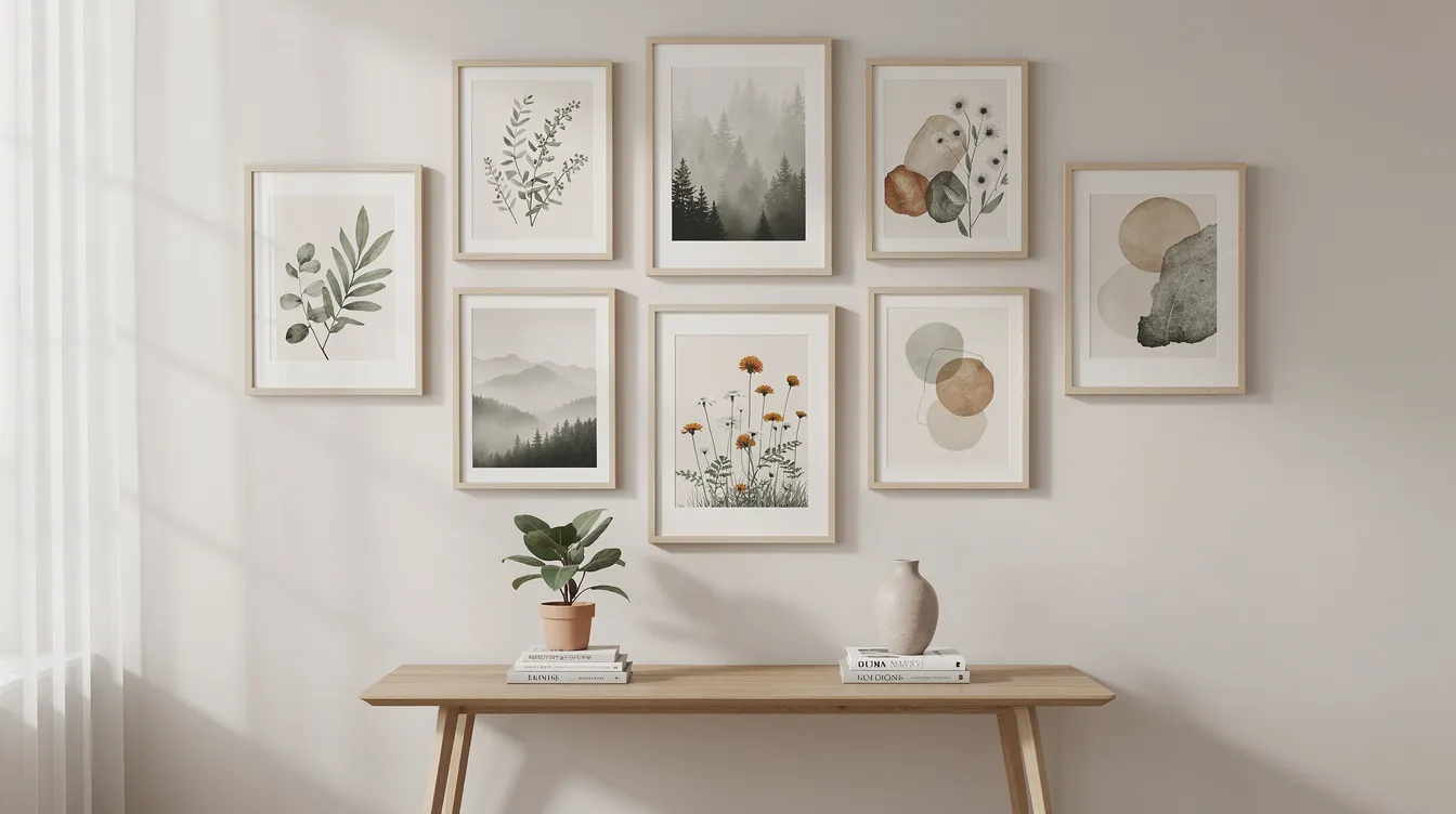 A serene gallery wall arrangement features nature-inspired art prints framed in natural wood, creating a calming focal point that enhances the interior design of the room. This collection of wall art adds a personal touch to the space, reflecting creativity and sophistication in home decor.