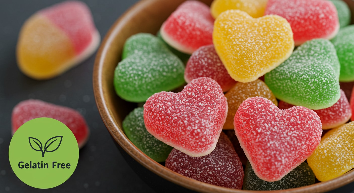 A bowl of Swedish candies with a gelatin-free logo next to it, indicating vegan sweet treats.