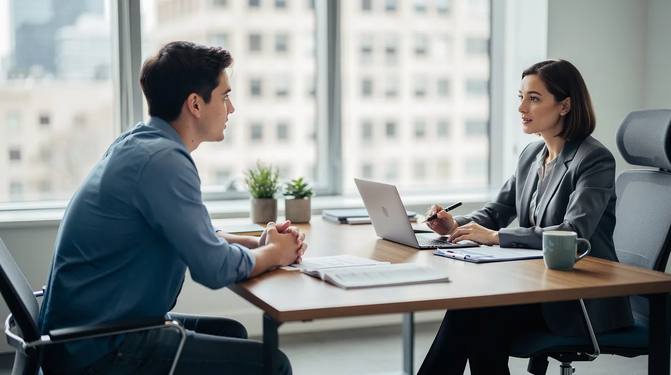 The image depicts a young adult sitting across a desk from a professional advisor in an office setting, engaged in a discussion about social security disability benefits and the application process. The advisor appears to be providing guidance on how to qualify for disability benefits, including information on medical conditions and work history.