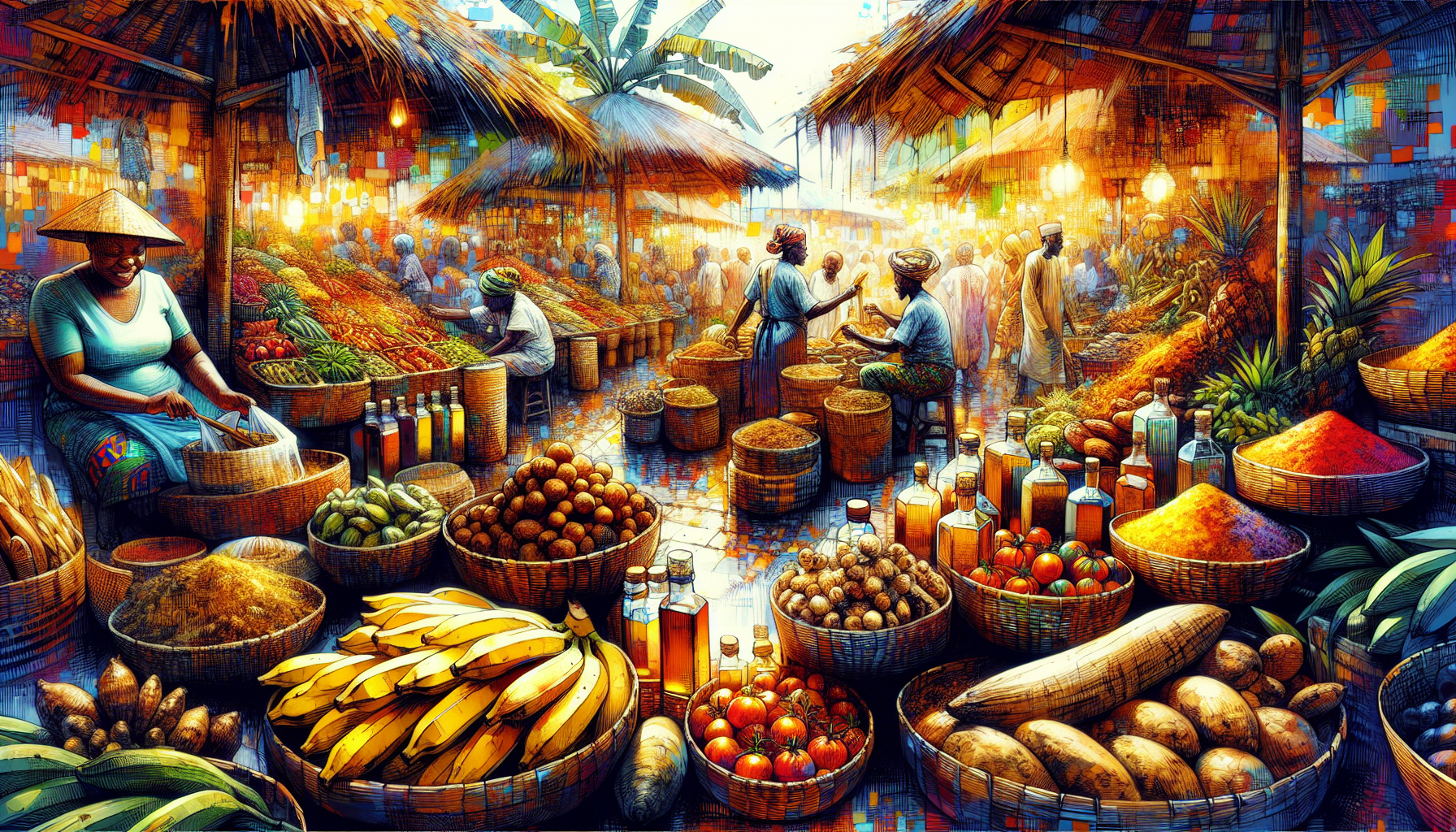 A colorful illustration of a bustling Congolese marketplace with various fruits, vegetables, and spices on display