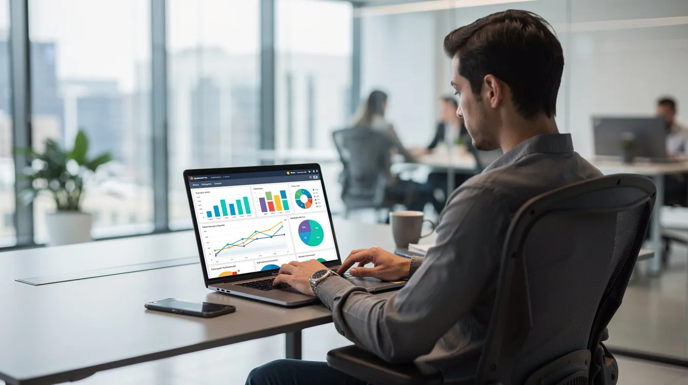 A person is seated at a modern desk, focused on their laptop which displays various charts and data visualizations related to digital marketing strategies. The office setting suggests an environment conducive to optimizing website traffic and enhancing marketing efforts.