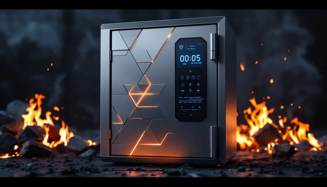 A gun safe undergoing a fire test to demonstrate fire protection capabilities.