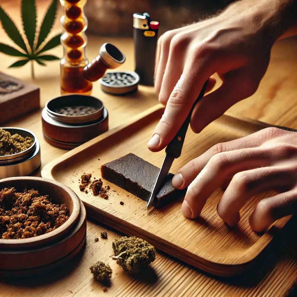 Alt Text: A person expertly preparing hash for smoking, using a small knife to break apart a soft, dark hash piece on a wooden rolling tray. The setting is warm and inviting, with cannabis accessories like a pipe, lighter, and grinder nearby.