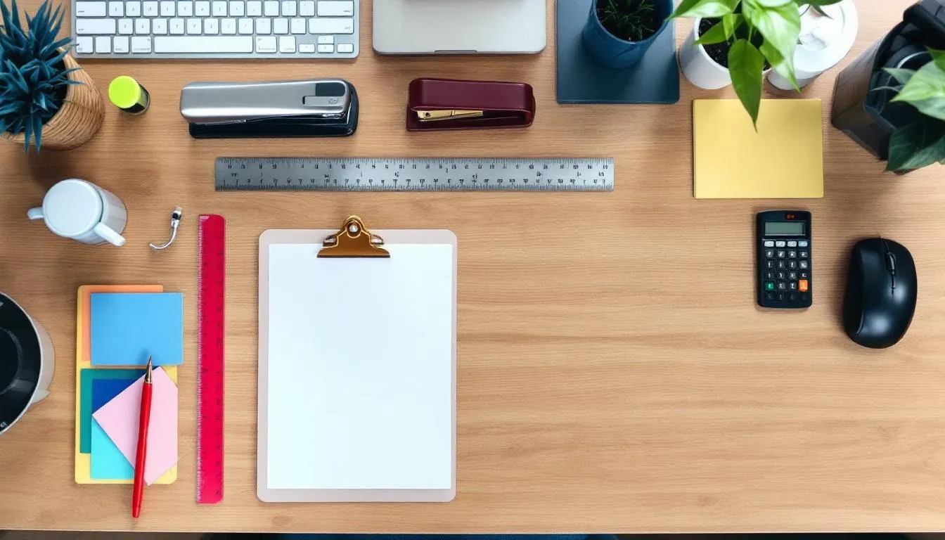 Na obrazku przedstawione są różnorodne narzędzia i artykuły biurowe, symbolizujące różne działy w firmie. Wśród nich znajdują się eleganckie upominki dla pracowników, które mogą być idealnym rozwiązaniem na świąteczne prezenty firmowe.