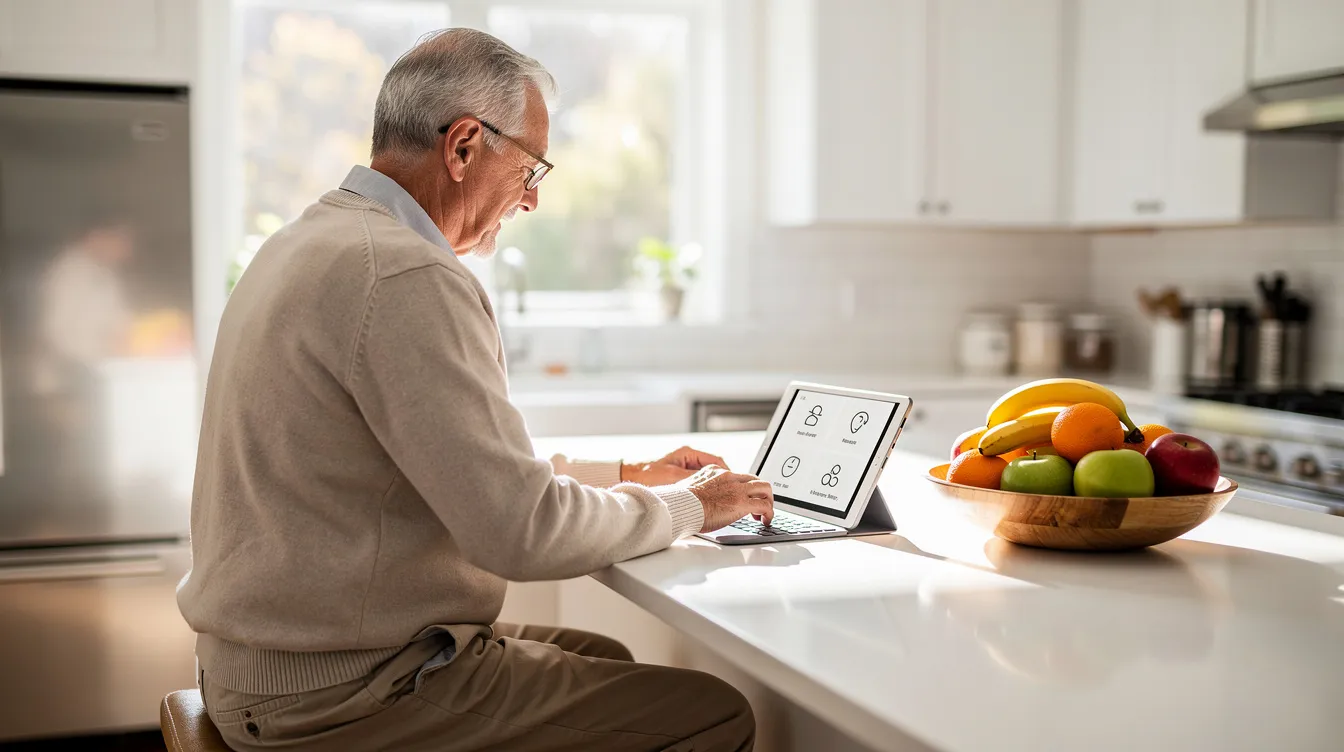 An older man is seated at a bright kitchen counter, using a simple tablet device while fresh fruit is displayed nearby. This scene reflects the importance of technology in supporting daily living for seniors, allowing them to stay connected with family members and manage personal care tasks independently.