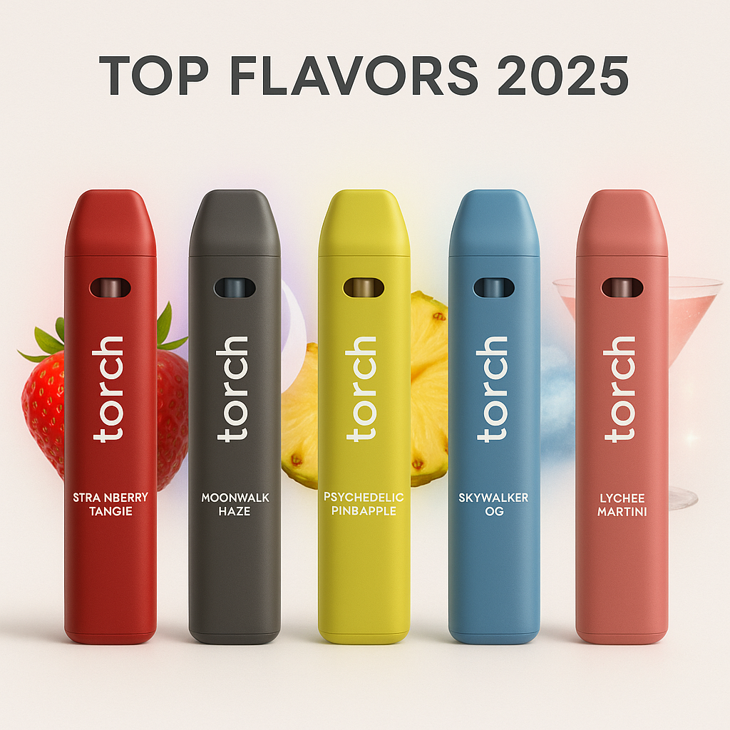 Lineup of five Torch vape pens labeled with top 2025 flavors and color-coded backgrounds showing fruits or dessert elements to reflect their profiles.