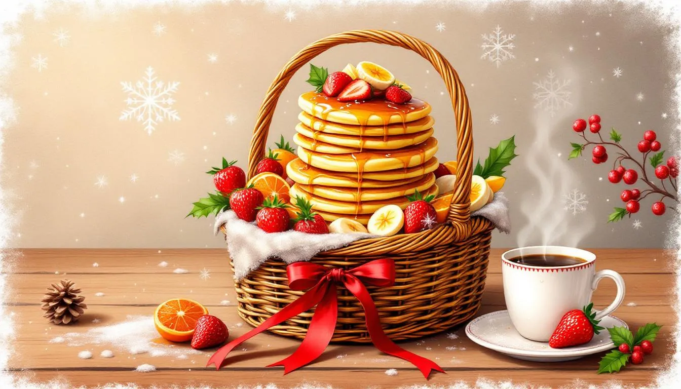 Essential items for a breakfast gift basket including pancakes and fruits.