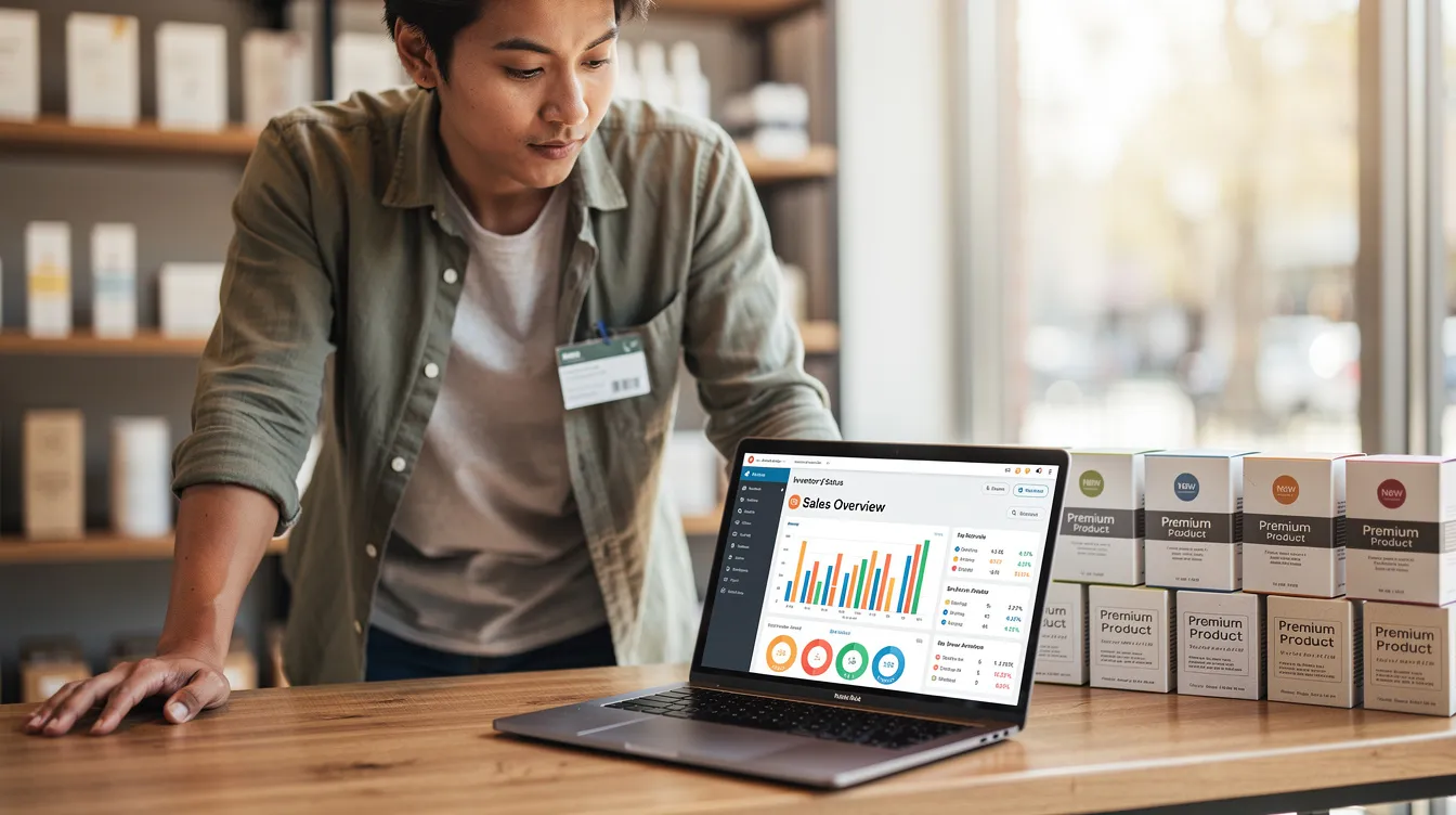 The image shows a store owner reviewing a laptop dashboard that displays various metrics related to their online store, while product packaging is visible nearby. This setting highlights the importance of app performance and inventory management for Shopify merchants as they work towards achieving their business dreams.