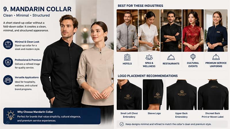 Mandarin collar shirts for hotels, spas, restaurants, cultural events, and premium service uniforms.
