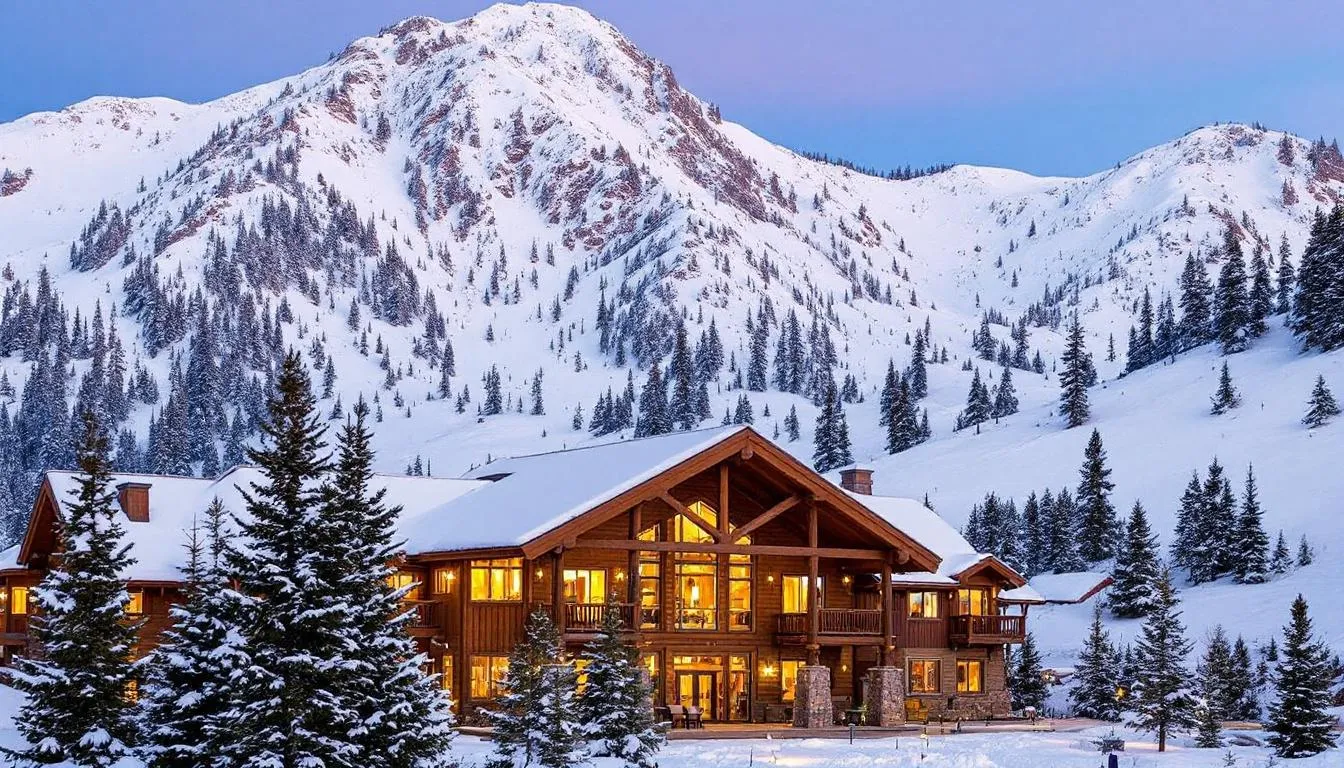 The image features a picturesque view of Brian Head Lodge, surrounded by majestic snow-covered mountains, perfect for winter activities like skiing and snowboarding. The scene captures the serene beauty of Southern Utah, showcasing the lodge as an inviting destination for guests seeking outdoor adventures and relaxation.