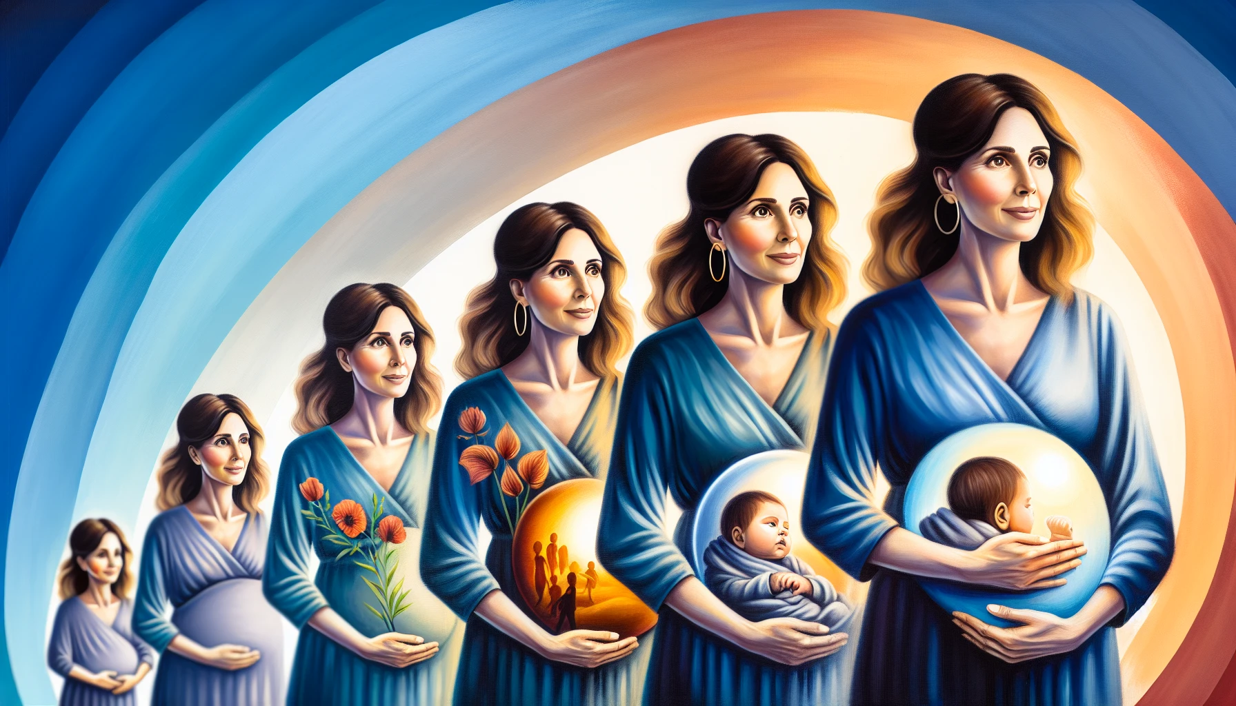 A woman in different life stages from pregnancy to menopause