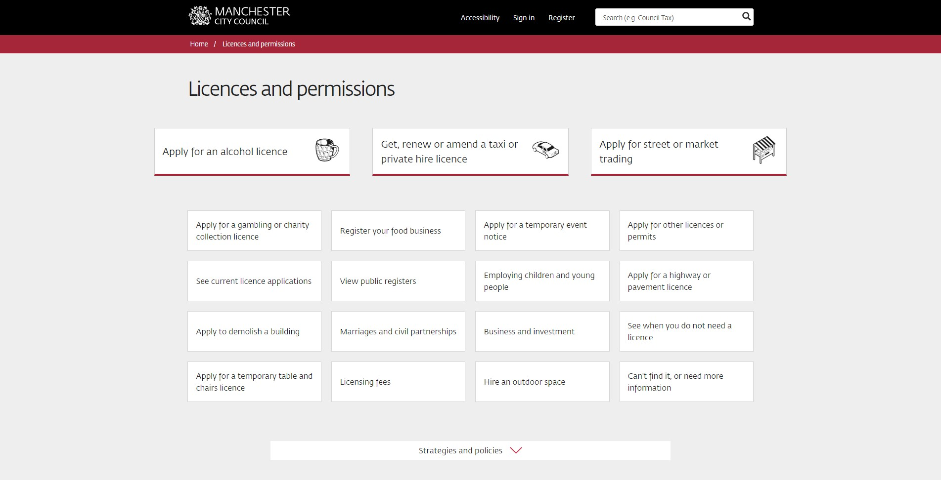 Manchester City Council website licences and permissions page
