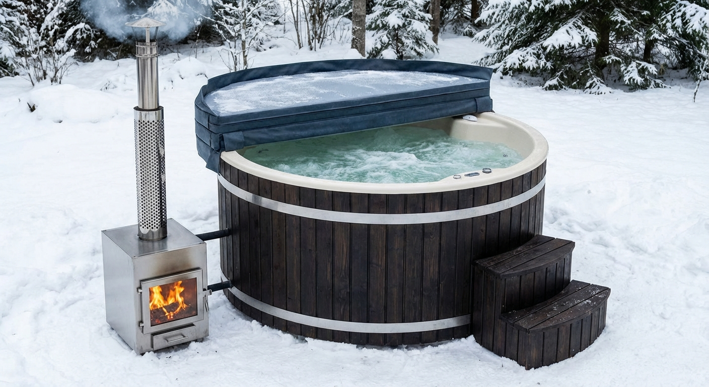 Balia ogrodowa zimą z pokrywą termiczną.