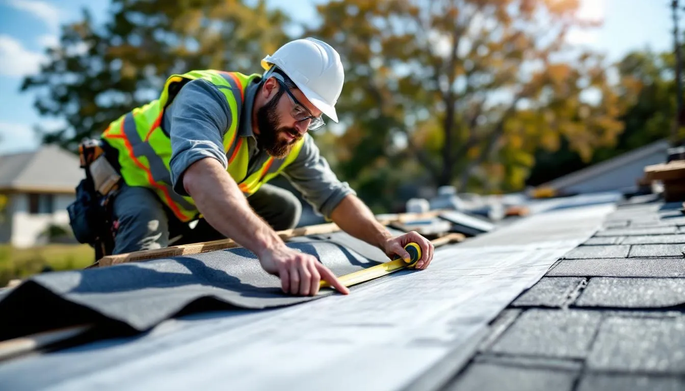 A professional roofing contractor is seen installing underlayment and carefully measuring roof components, showcasing the precision required for a successful roof installation. This image reflects the essential steps in a roof replacement project, emphasizing the importance of skilled labor and quality roofing materials.