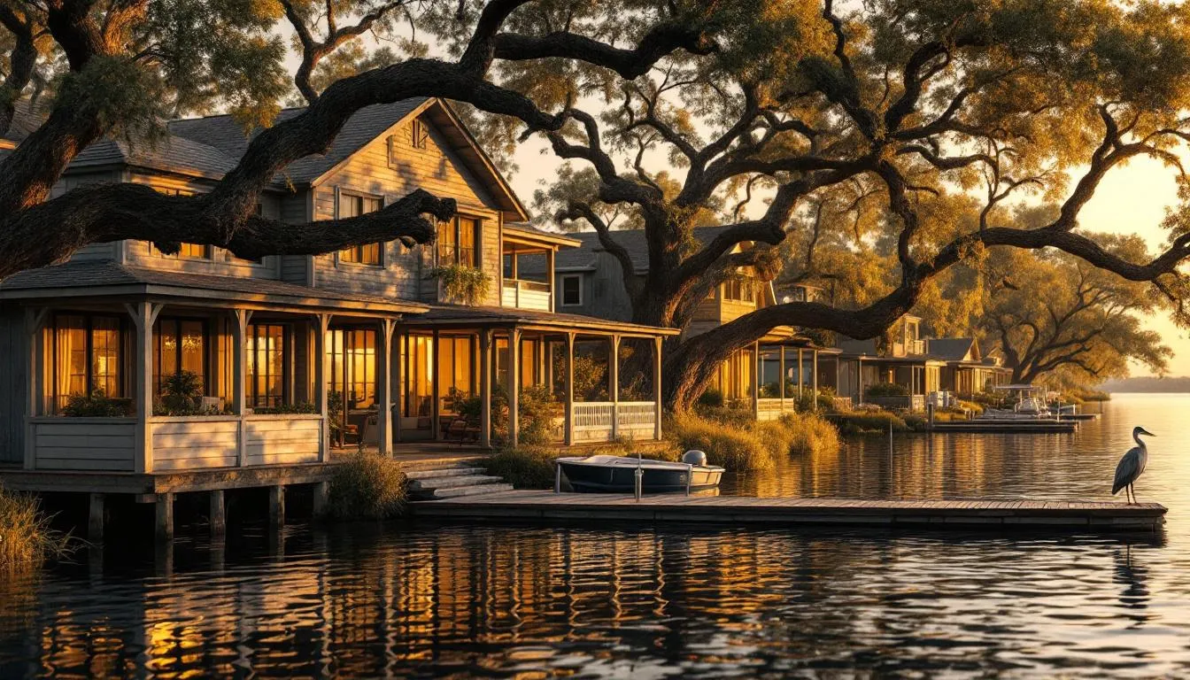 The image showcases waterfront homes along the Caloosahatchee River, surrounded by mature oak trees and featuring boat docks, highlighting the desirable real estate in Fort Myers Shores, FL. This picturesque scene emphasizes the tranquil lifestyle and access to water activities in this sought-after area.