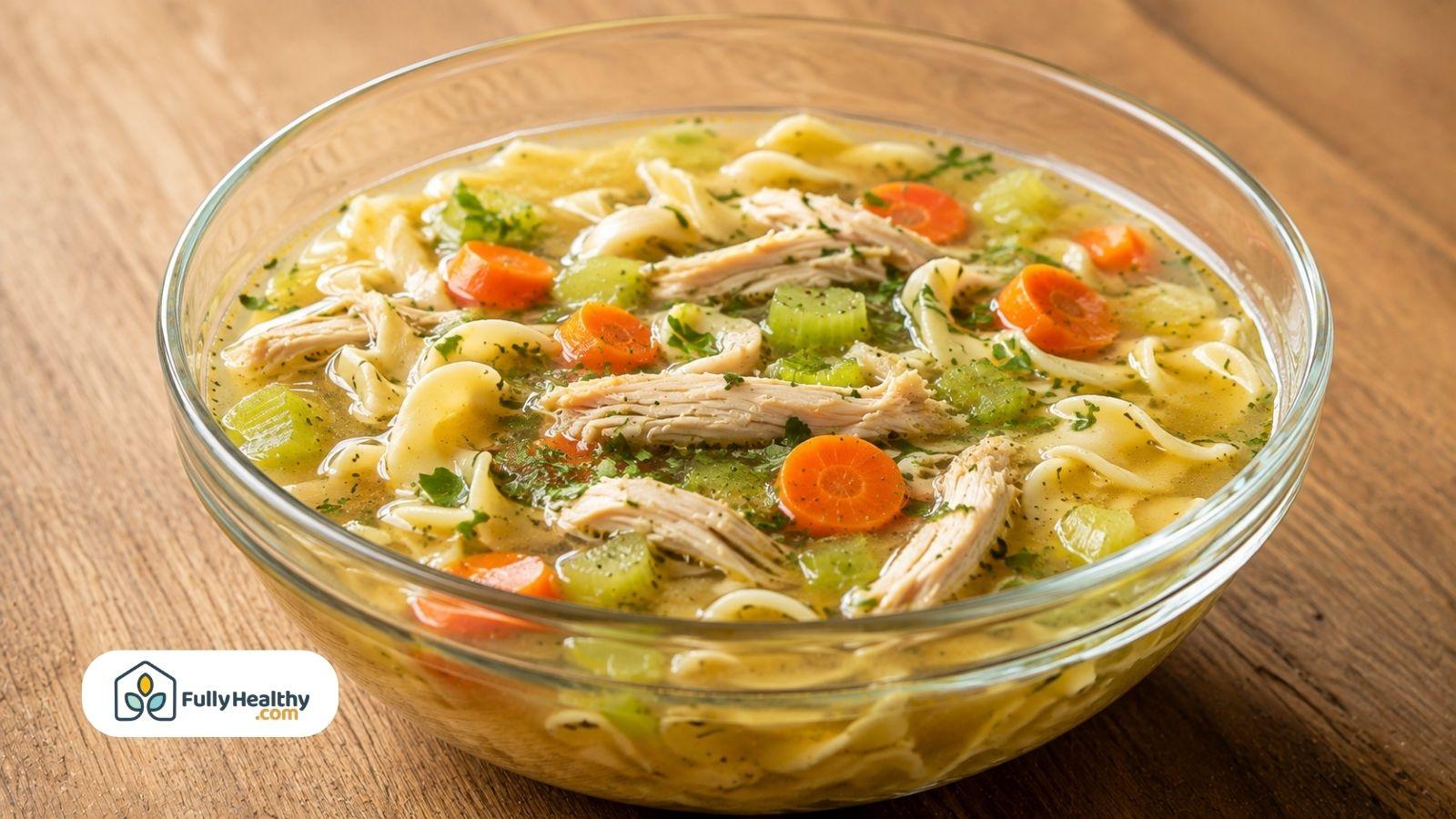 Homemade chicken noodle soup with chicken, carrots, celery, and herbs.