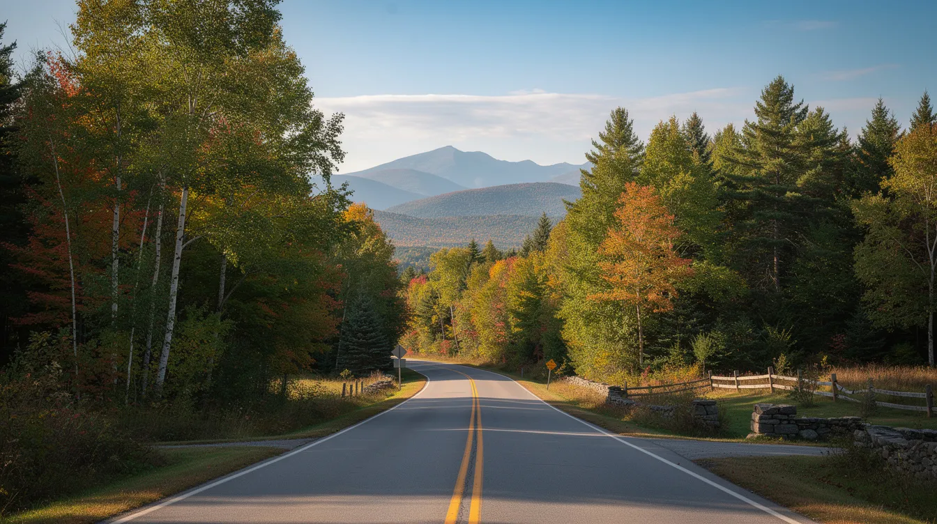 The image depicts a serene rural road in New Hampshire, framed by lush trees and majestic mountains in the background, creating a peaceful outdoor scene. This tranquil setting contrasts with the ongoing discussions about New Hampshire gun laws, including topics like concealed carry permits and firearm possession.