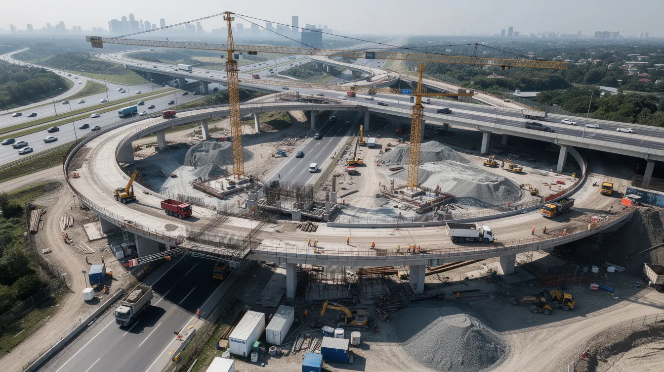 An aerial view showcases a large highway interchange construction project, featuring multiple cranes and earthmoving equipment actively working on site. This bustling construction site emphasizes the importance of construction management and safety protocols to mitigate risks and ensure compliance with quality standards.