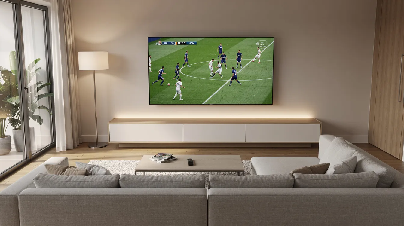 The image shows a modern living room featuring a large flat screen TV that is currently displaying a live football match, creating an inviting atmosphere for sports enthusiasts. This setup highlights the convenience of IPTV services, allowing viewers to enjoy live TV channels and sports events seamlessly.