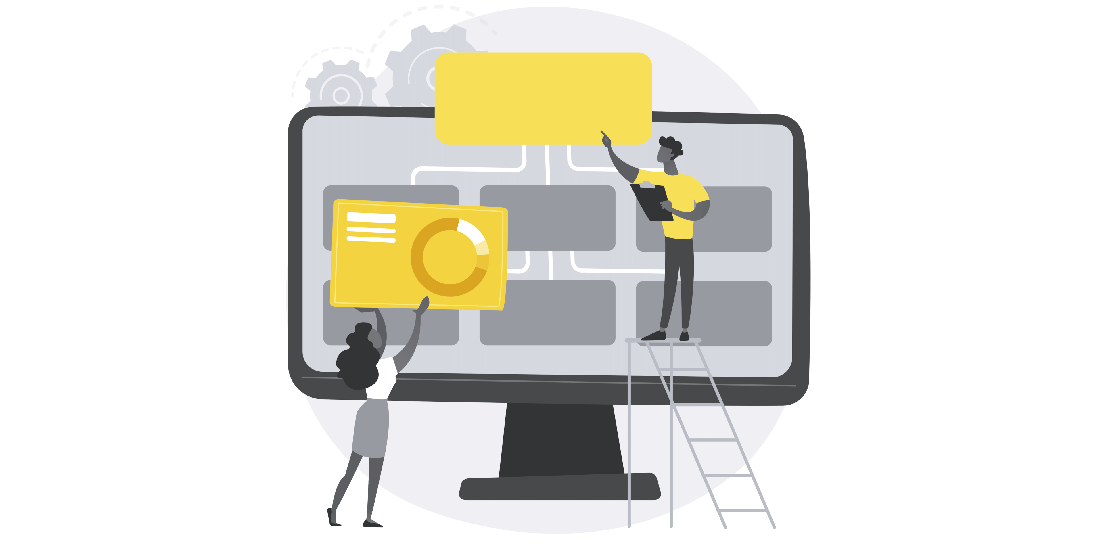 Graphic showing two people putting dsahboards together to represent manufacturing data analytics and data driven manufacturing.