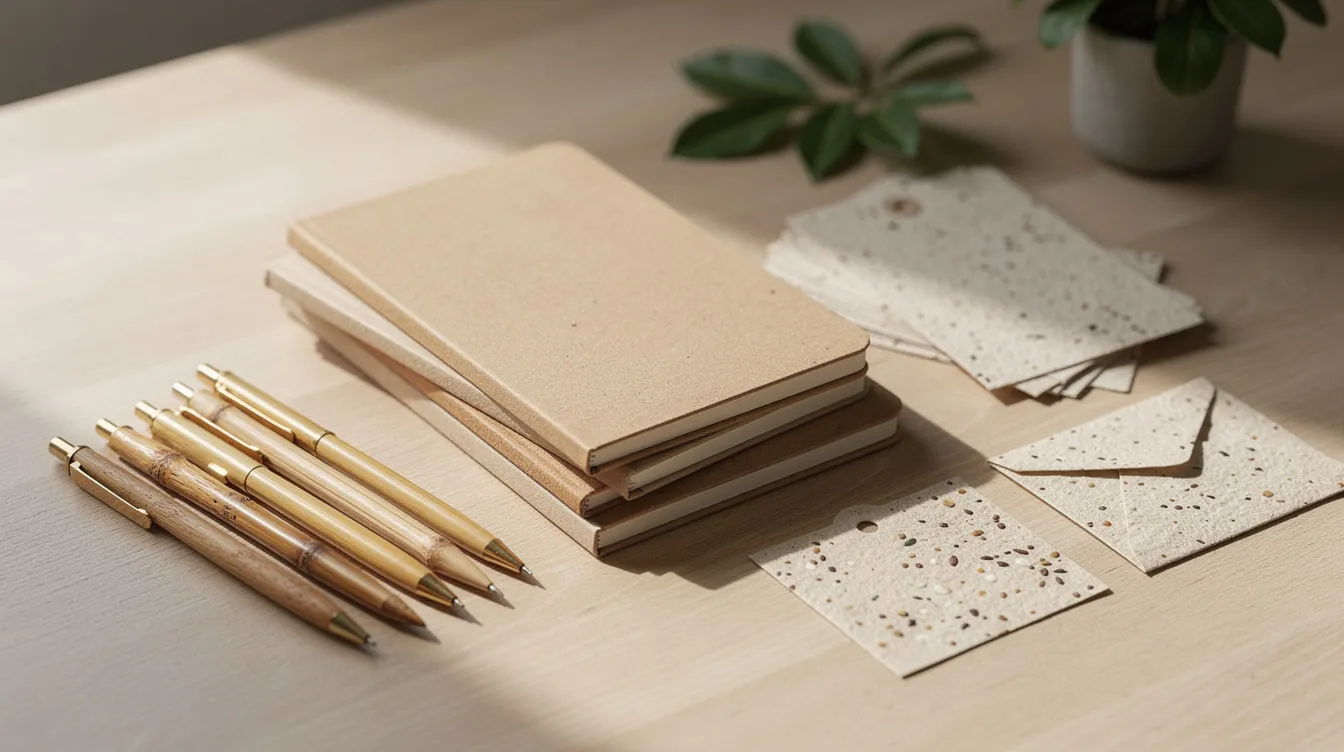 bd3a2659 e020 4739 be68 d8ffb4bda947 The image features a vibrant display of eco-friendly stationery products, including recycled notebooks, bamboo pens, and plantable seed paper items, showcasing a commitment to sustainability in the stationery industry. This collection highlights innovative stationery items ideal for a small stationery shop or online store, appealing to environmentally conscious customers.