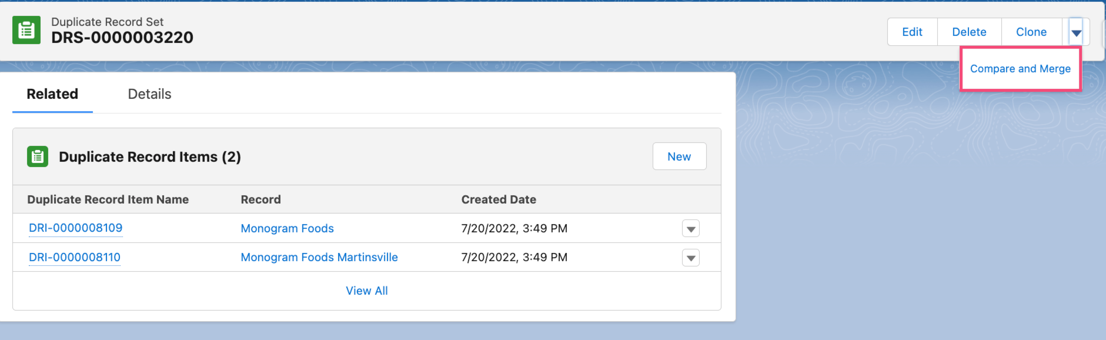 Screenshot of a Salesforce Duplicate Record Set with Duplicate Record Items and the Compare and Merge button