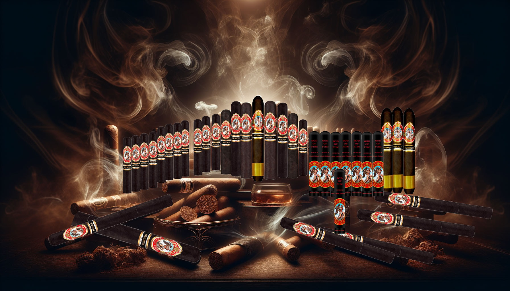 Overview of God of Fire Serie B cigars with a blurred cigar in the background.