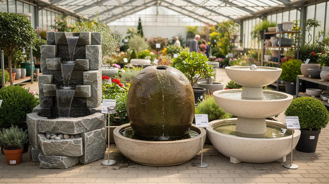 In einem Gartencenter sind verschiedene Gartenbrunnen-Typen nebeneinander ausgestellt, darunter eine Kaskade, ein Quellstein und ein Schalenbrunnen. Diese solarbetriebenen Brunnen bieten eine ansprechende Gartendekoration und schaffen mit ihrem sanften Plätschern eine entspannende Atmosphäre.