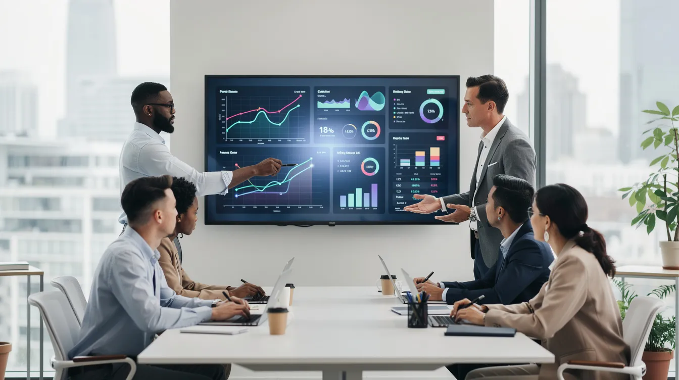 A diverse team of professionals collaborates around a large screen in a modern office, analyzing charts and data that likely include insights from digital marketing tools like Google Analytics and SEO tools for keyword research. The atmosphere is dynamic, reflecting a focus on technical SEO and effective content marketing strategies.