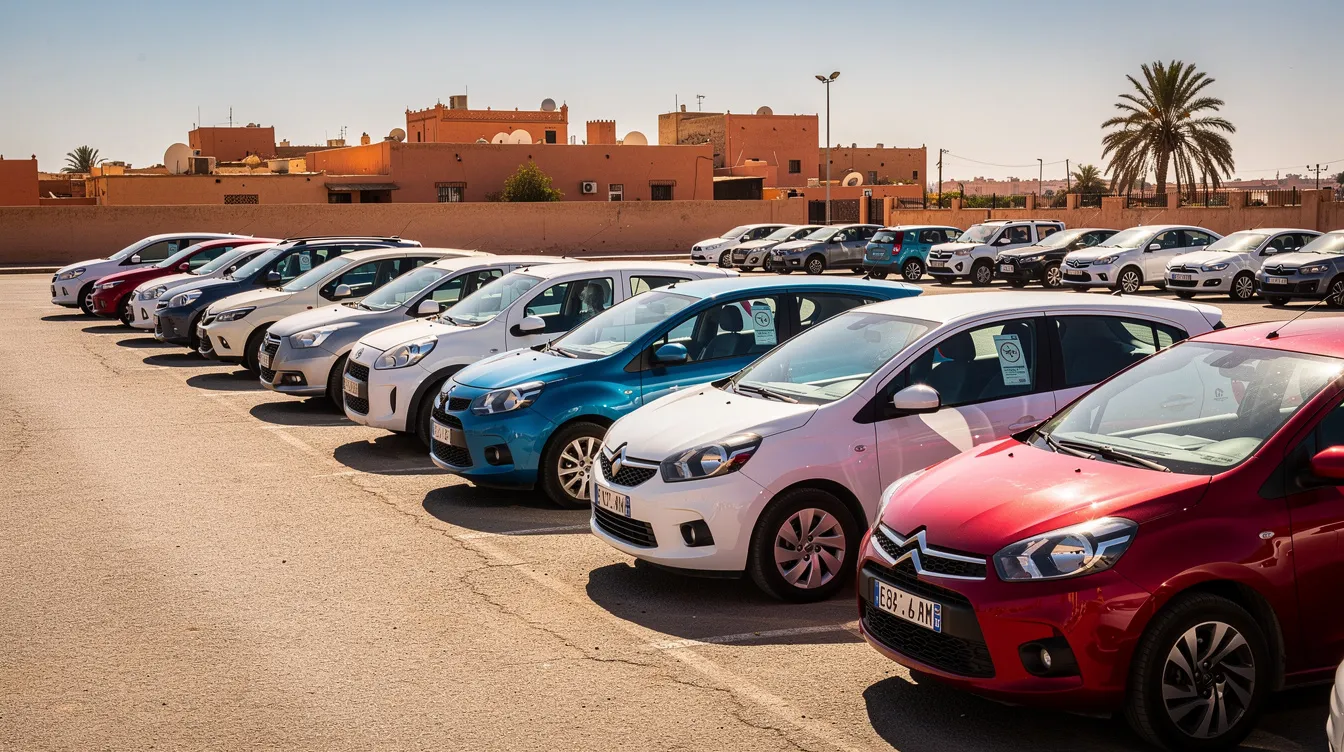 Une rangée de voitures de location variées est garée dans un parking ensoleillé au Maroc, mettant en avant différents types de véhicules disponibles pour les clients. Ce site de location de voitures offre un service pratique pour répondre aux besoins des utilisateurs en matière de gestion de location.