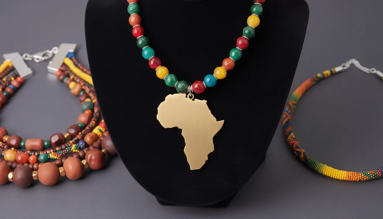 The image showcases a variety of African necklaces, prominently featuring an Africa-shaped pendant necklace adorned with vibrant beads, symbolizing pride and connection to the continent. Additionally, it highlights beaded fashion necklaces in both bold and delicate designs, reflecting modern trends that celebrate African culture while enhancing your look.