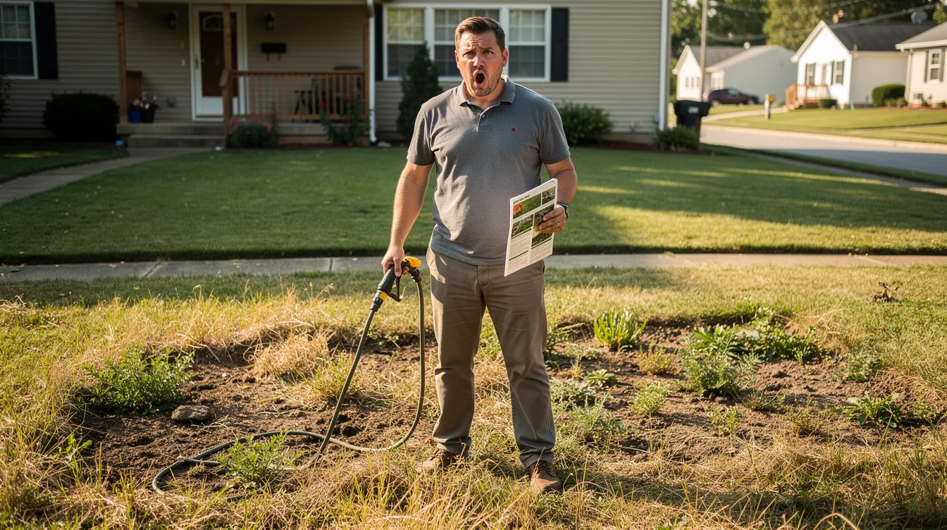 The image depicts a confused homeowner standing on a patchy lawn, looking perplexed about the lawn's condition. The uneven grass highlights potential lawn issues, suggesting a need for professional lawn treatment services to achieve a healthy lawn.