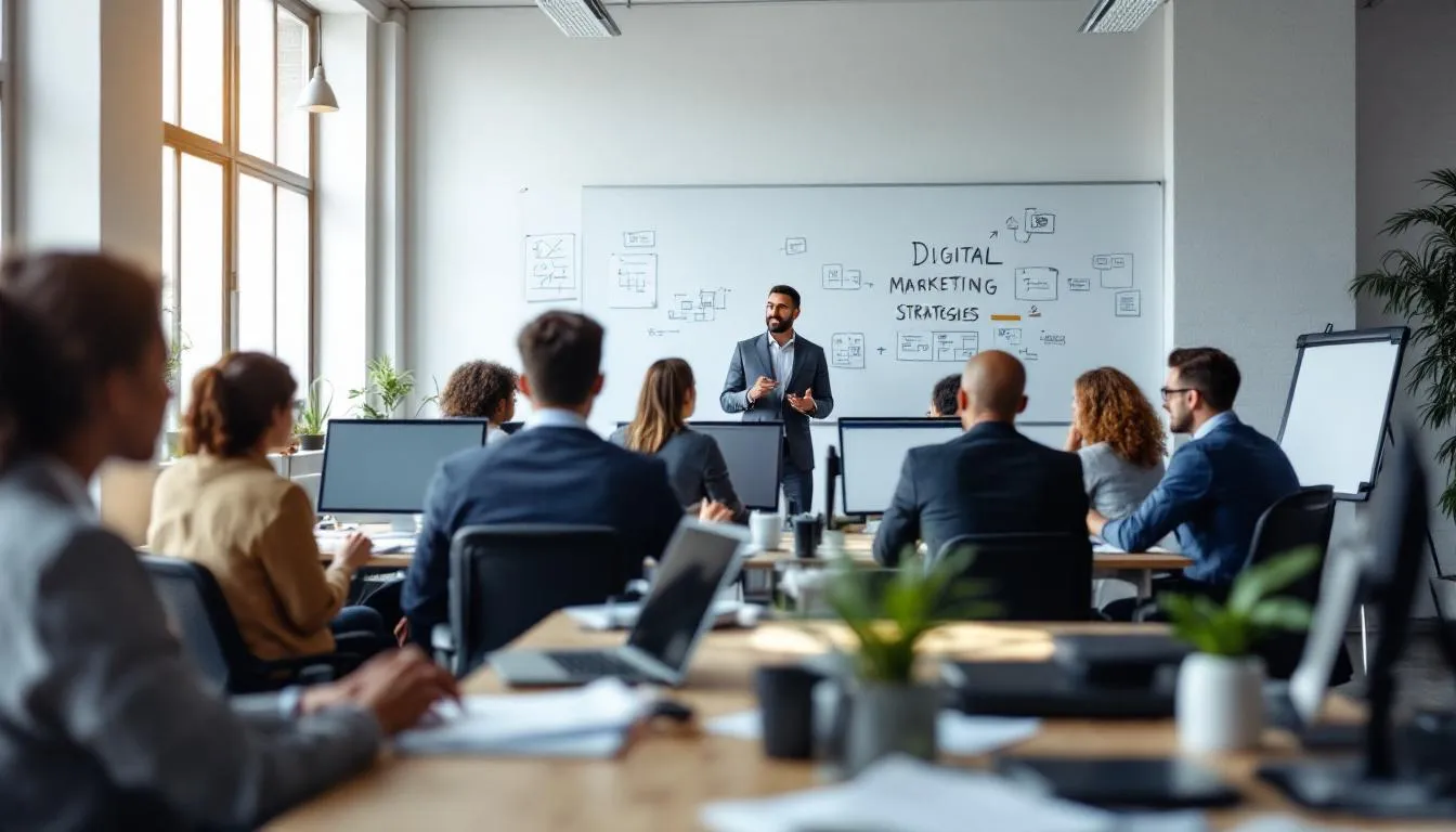 The image depicts a team of digital marketing experts collaborating to create tailored strategies for small businesses. They are discussing various digital marketing services, including social media marketing and SEO, to help enhance online sales and brand visibility for their clients.
