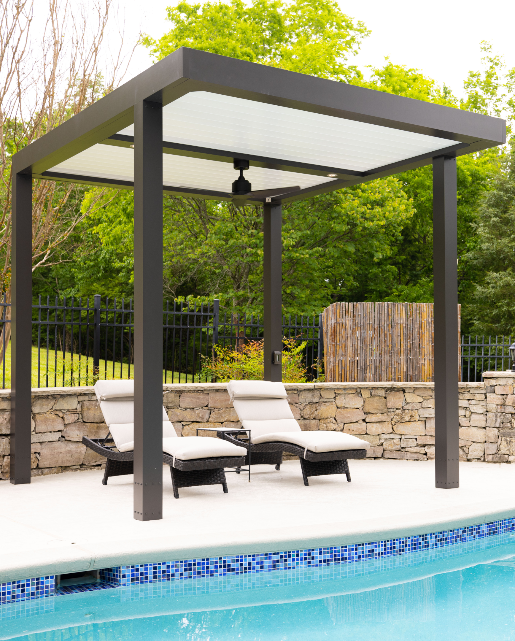 A free standing pergola in a garden