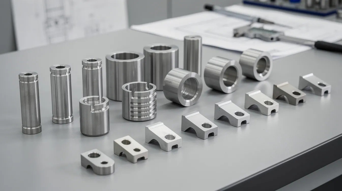 The image features an array of precision-machined metal components, including shafts, housings, and brackets, meticulously arranged on an inspection table, showcasing the high standards of precision machining and strict quality control typical of top CNC machining companies. The components reflect the advanced manufacturing process and tight tolerances essential in industries such as aerospace and medical device manufacturing.