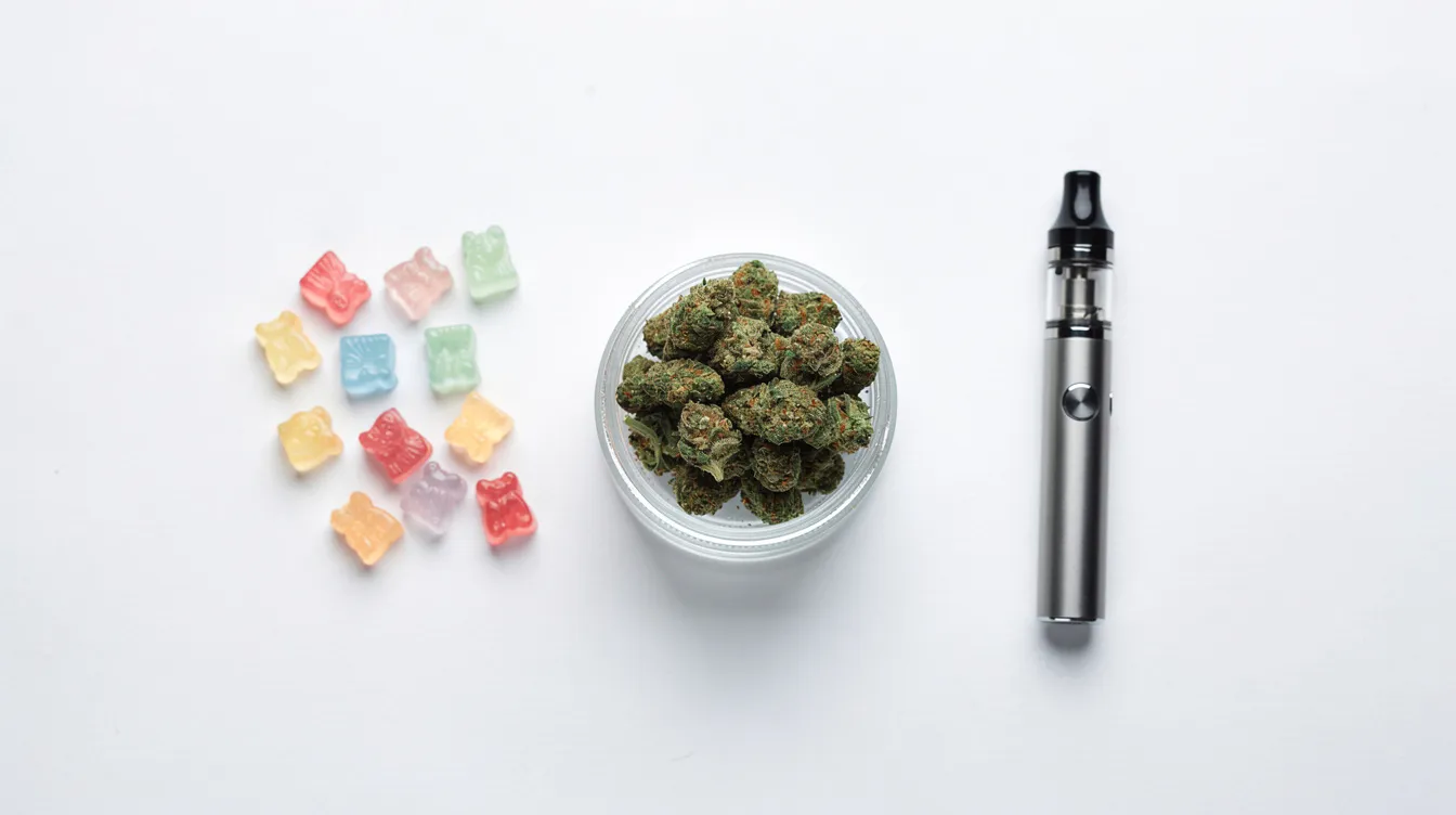 An overhead view displays a variety of hemp products, including colorful gummies, a small glass jar containing hemp flower, and a sleek vape pen, all arranged neatly on a clean white surface. This assortment highlights the growing hemp industry and its legal products, which are federally legal under current federal law, including in North Carolina.