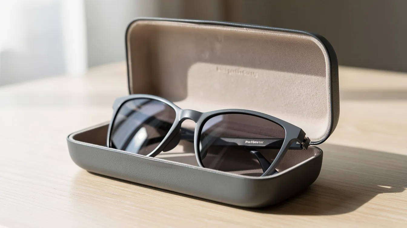 Um estojo rígido marrom contém um par de óculos de sol apoiados sobre uma mesa clara, destacando-se como um acessório de estilo e proteção contra os raios UV. Os óculos apresentam um modelo elegante que pode incluir armações em formatos variados, como aviador ou gatinho.
