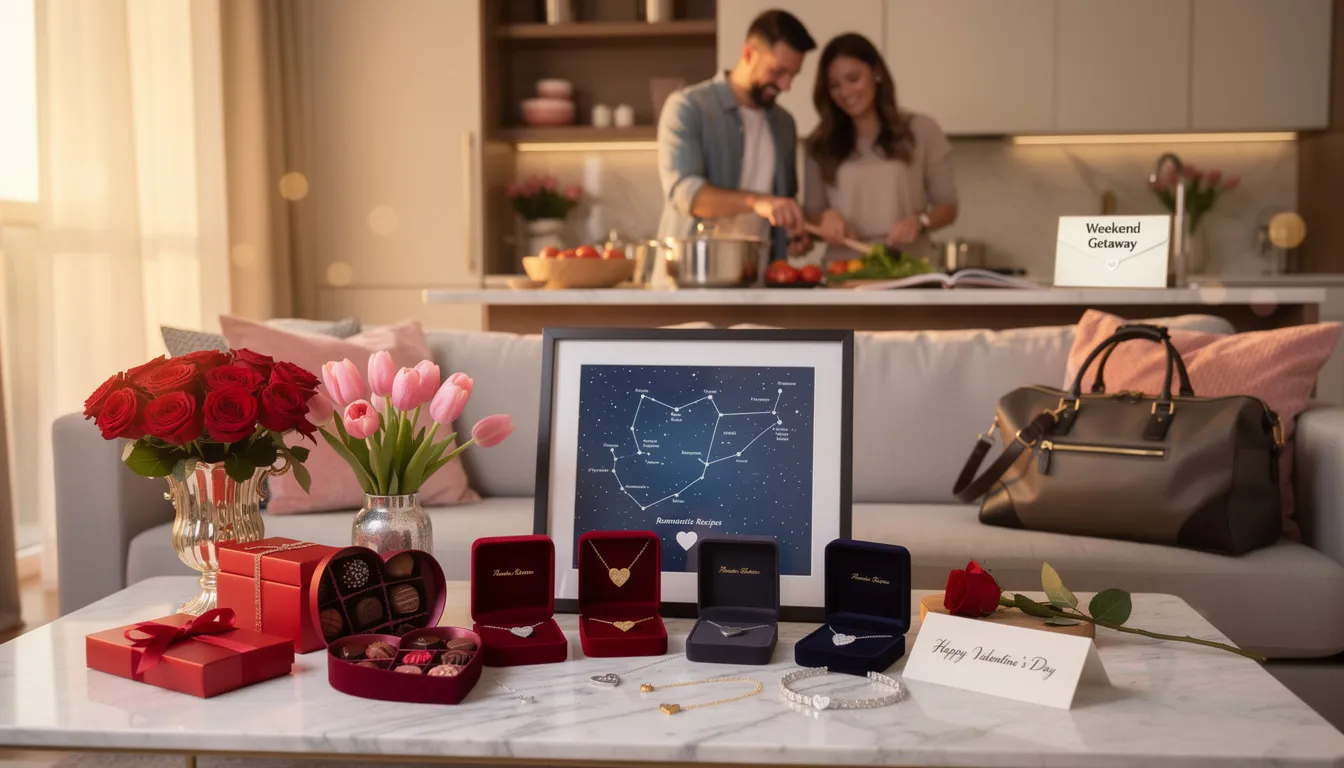 The image depicts a beautifully arranged display of thoughtful Valentine's Day gifts, including personalized jewelry like heart-shaped pieces and custom star maps, alongside luxurious gold and silver items such as watches and earrings. This collection showcases perfect Valentine's gift ideas designed to celebrate love and create lasting memories.