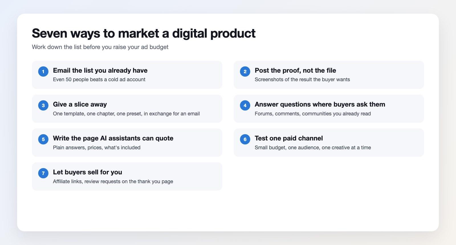 Seven marketing steps for a digital product: email your list, post proof, give a slice away, answer questions, write a quotable page, test one paid channel, let buyers sell for you