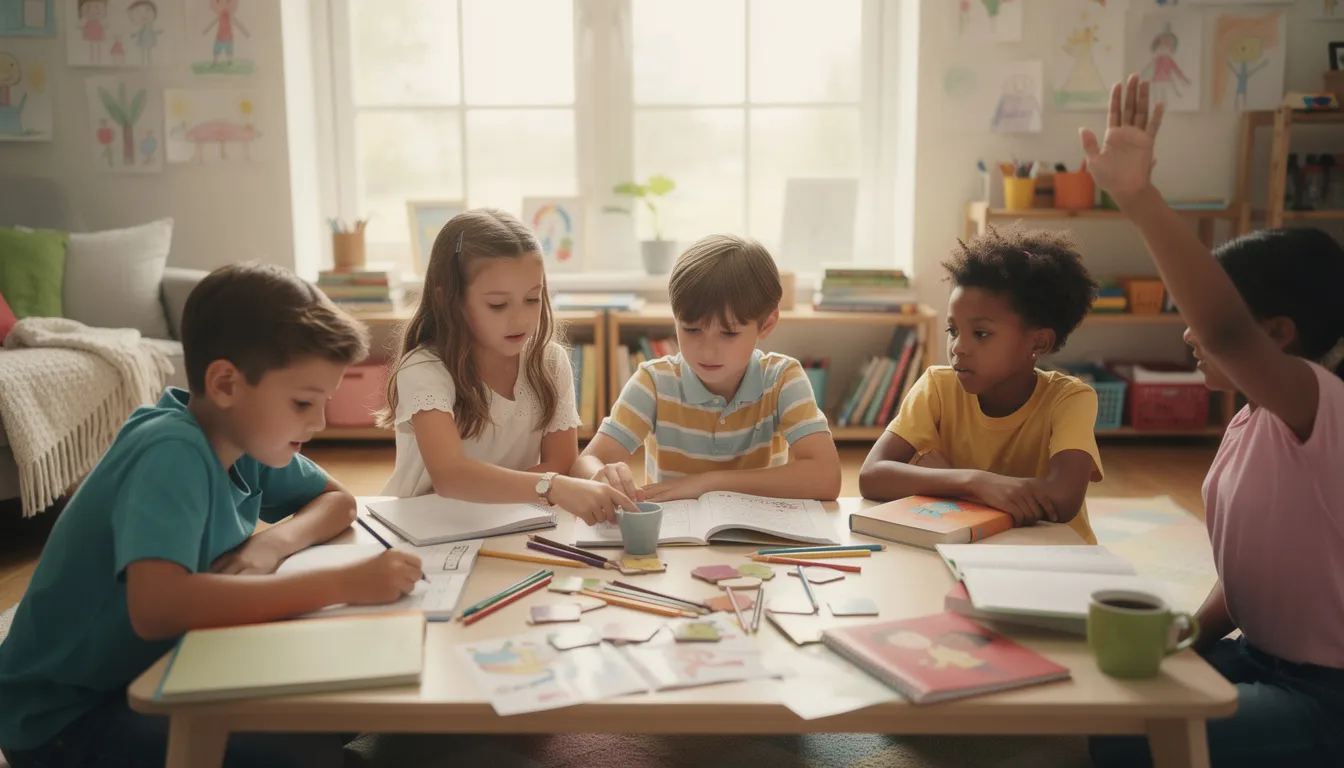 Auf dem Bild sind Kinder zu sehen, die in einer Gruppe lernen und gemeinsam mit einer Nachhilfelehrkraft an ihren Aufgaben arbeiten. Die Schüler stellen Fragen und unterstützen sich gegenseitig, während sie sich auf verschiedene Themen wie Mathe und Englisch konzentrieren.