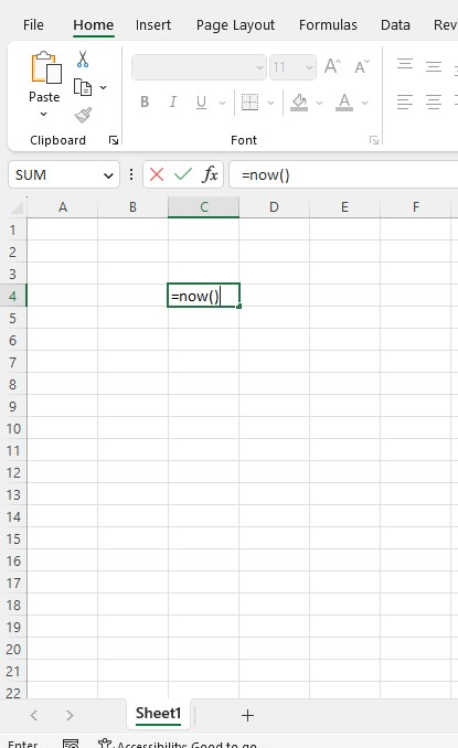 Type your NOW formula as your worksheet function.