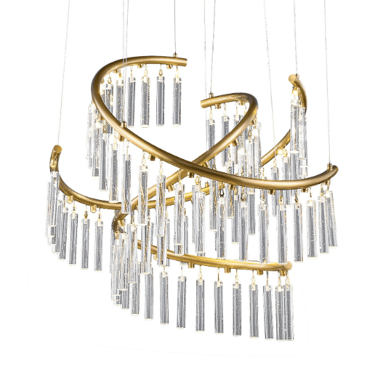 Crystal chandelier with gold rings and cascading crystal glass tubes, arranged in an elegant swirling design.