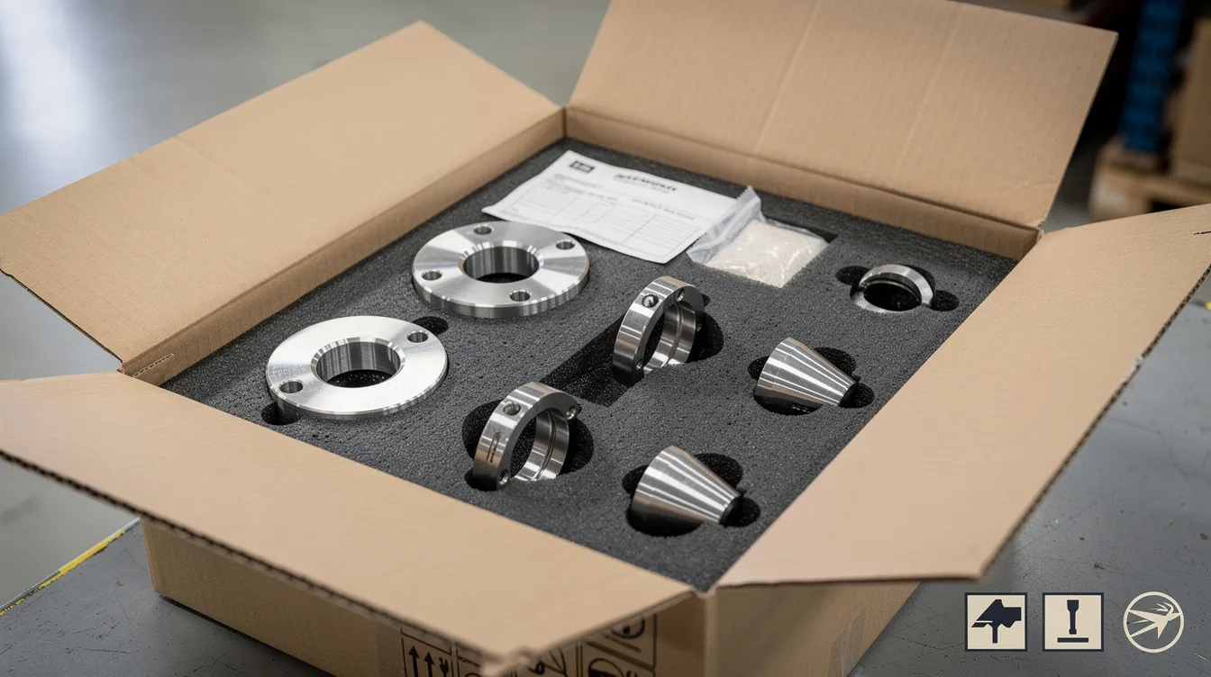 The image shows a shipping box containing CNC machined parts securely packaged in protective foam, ready for international delivery. These precision parts, crafted through advanced CNC machining processes, ensure excellent dimensional stability and superior corrosion resistance.