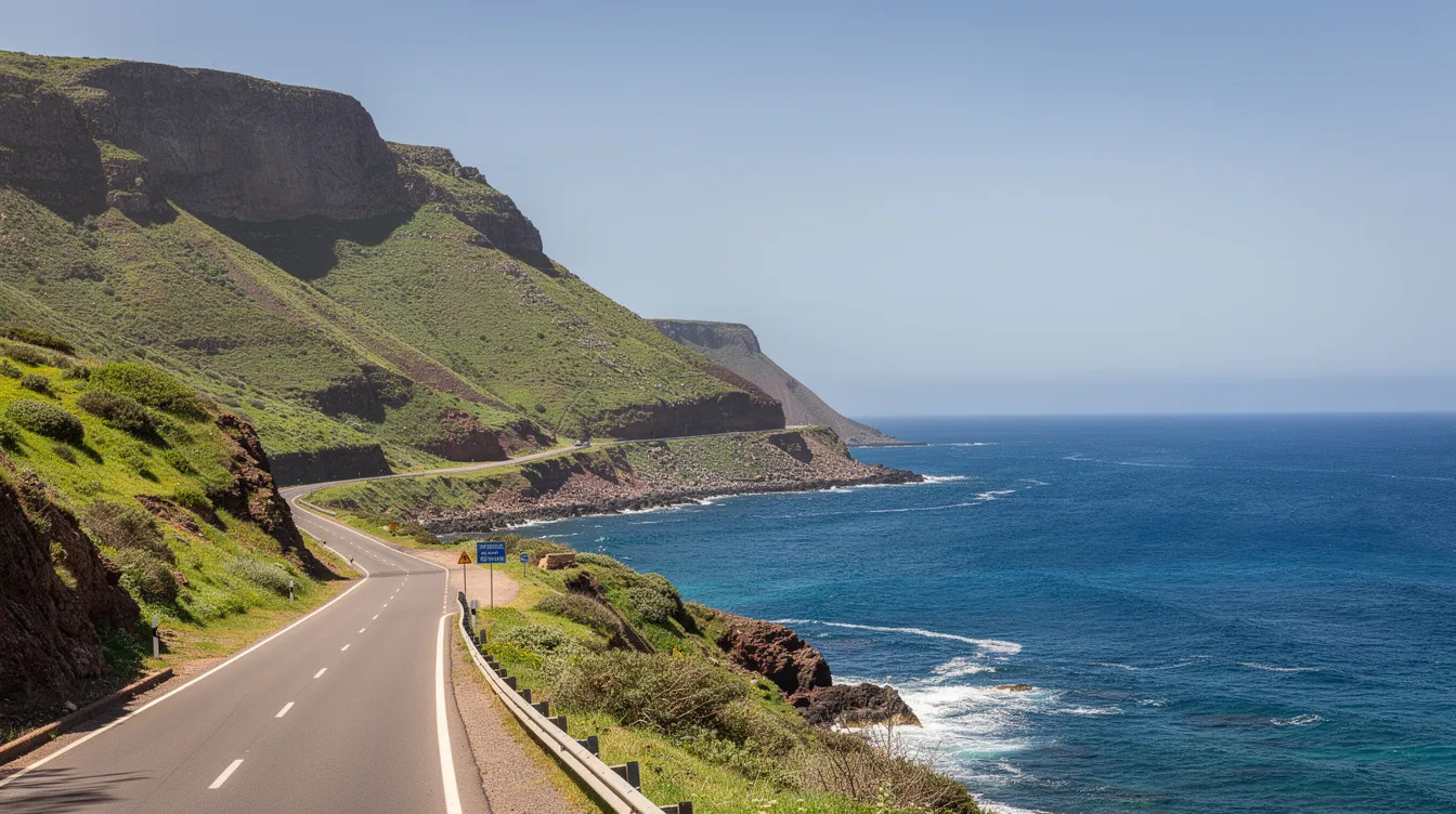 Route côtière du nord du Maroc entre falaises verdoyantes et mer bleue.