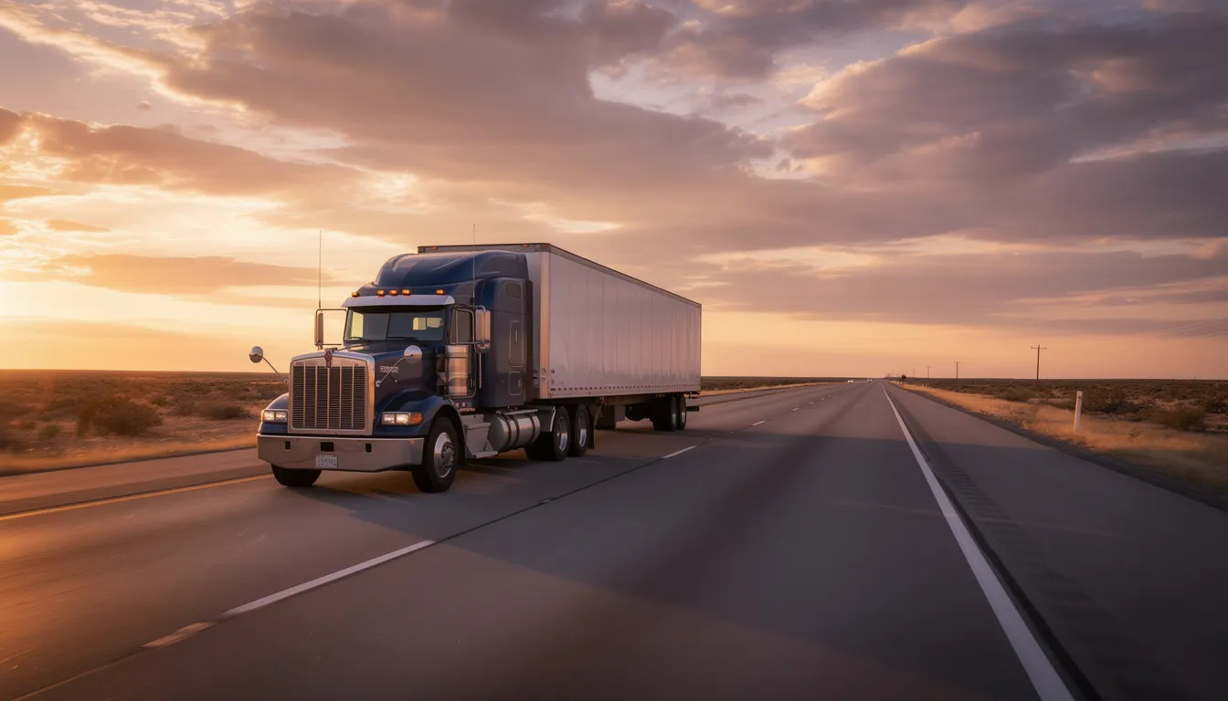 A large semi truck is driving along a wide Texas highway, bathed in the warm hues of a sunset. This scene captures the essence of the trucking industry, highlighting the importance of safety and regulations for commercial vehicles on the road.