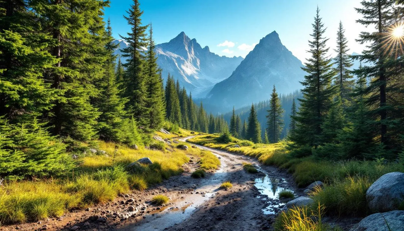 A winding summer mountain biking trail cuts through a lush alpine forest, surrounded by stunning mountain views and a clear blue sky, capturing the essence of outdoor adventure in Brian Head, Utah. This scenic route offers a perfect escape for biking enthusiasts looking to enjoy the beauty of Cedar Breaks National Monument and the fun of Southern Utah's summer activities.