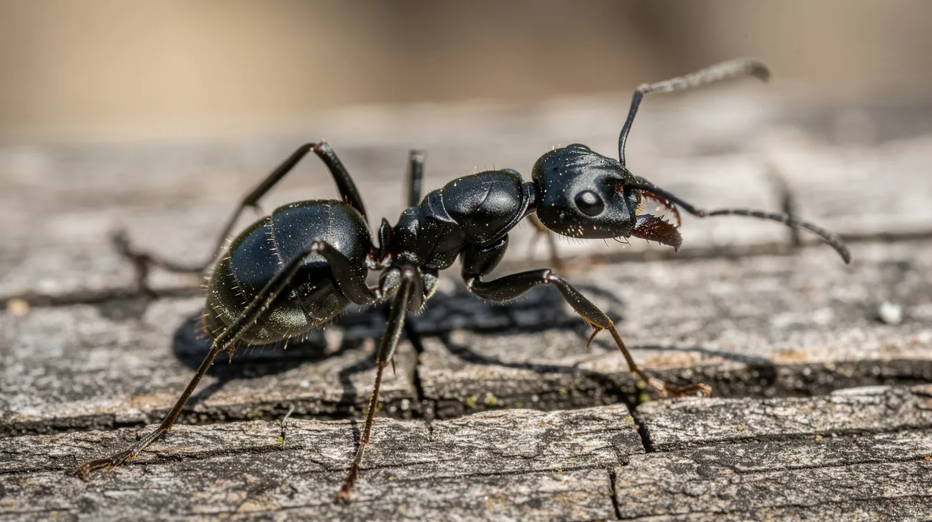 A close-up photograph captures a large black carpenter ant resting on weathered wood, highlighting its segmented body and prominent antennae. This image illustrates the distinctive features of carpenter ants, which are known for their ability to infest and damage structural wood.